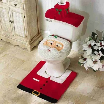 

3 In 1 Christmas Toilet Cover Set Water Tank Tissue Cover Floor Mat Santa Calus Towel Cover Xmas Atmosphere Decoration Supplies
