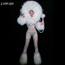 Серебряные большие камни перо прозрачный комбинезон для женщин певица танец бар косплей наряд со стразами наряд для выпускного вечера