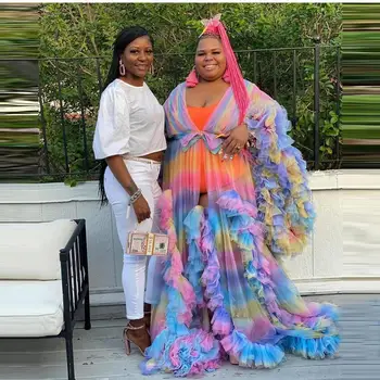 

Rainbow colors Custom See Through Tulle Ruffles Rose Pink Long Kimono Tiered Ruched Prom Gowns Puffy Sleeves African Cape Cloak