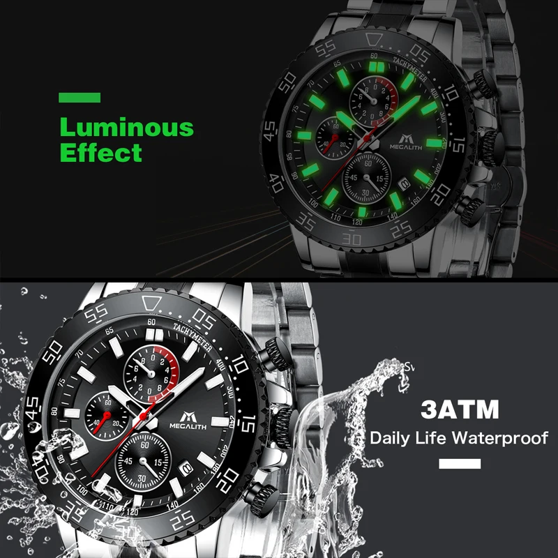 Megalith Military Watches Men Stainless Steel Band Waterproof Quartz Wristwatch Chronograph Clock-5