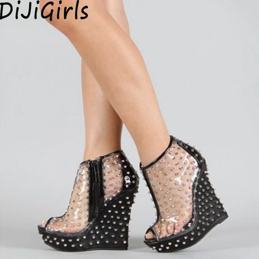 

DiJiGirls Women Punk Gothic Peep Toe Ankle Boots Rivets Bootie Ultra Very High Heels Platform Wedge Clear Sandals Fetish Shoes