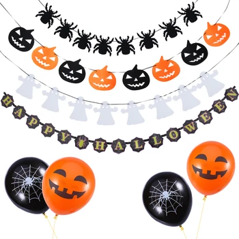 

NUOLUX Halloween Props Set Spooky 3 Meter Fun Pumpkin Spider Ghost Garland Bunting Banner with 4PCS Balloons A35