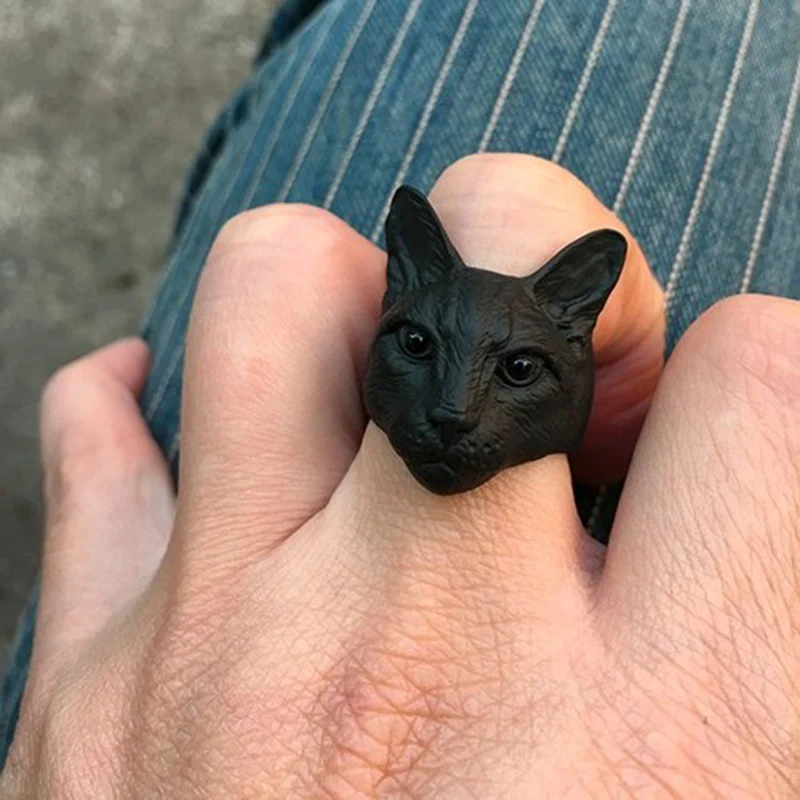 New Trendy Personalized Cute Adjustable Big Head Cat Ring Silver Color Plated Men Fashion Animal Kitty Free Ship | Украшения и