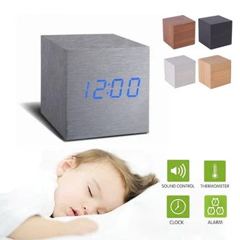 

Cube Click Clock Gift Alarm-LED Display Wood Sound Activated Home Decor