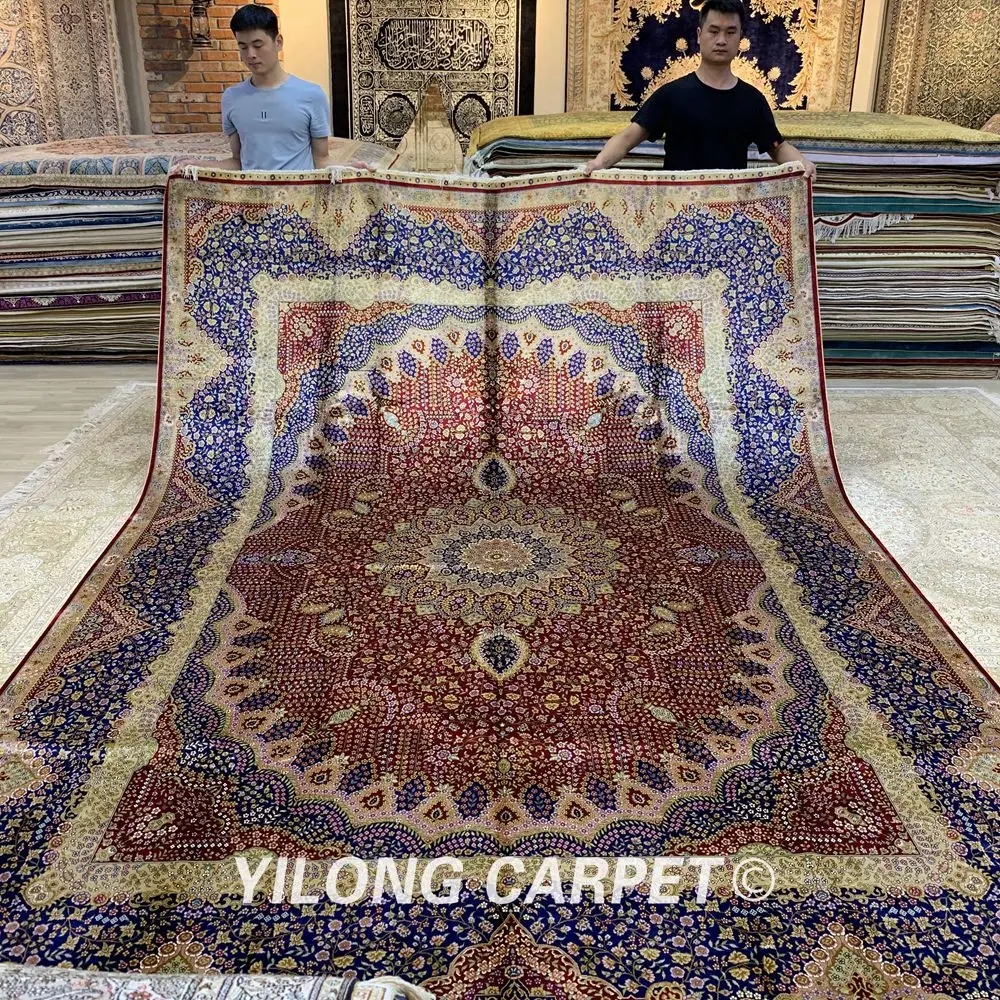 YILONG 9 2 &quotx 12 8&quot Персидский большой шелковый ковер ручной работы красный медальон