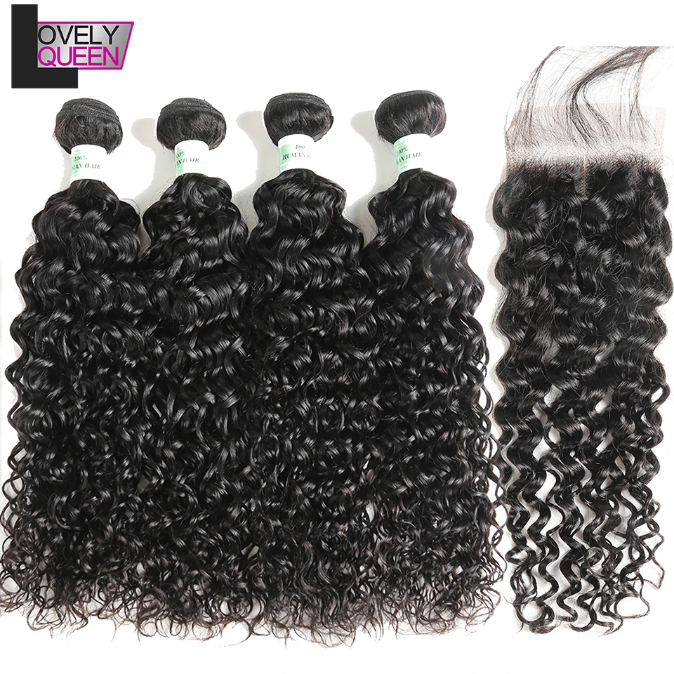 

Lovely Queen Hair Brazilian Water Wave 4 Bundles with Closure Human Hair Extensions Non Remy Grade
