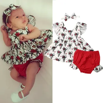

3Pcs Newborn Kid Baby Girl XMAS Ruffle Deer Tops Dress Short Pants Outfit Set