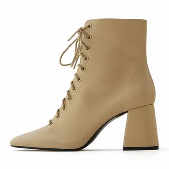 

GENSHUO Ankle Boots For Women Chunky High Heels Square Toe Motorcycle Boots Fashion Zipper Autumn Shoes Short Botas Mujer Black