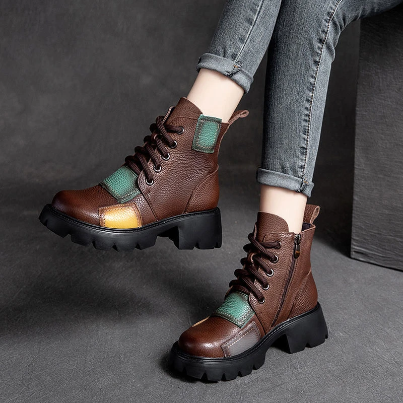 

Women Ankle Boots Winter 2021 New Genuine Leather Shoes Zip Round Toe Wedges Retro Mixed Colors Platform Short Boots