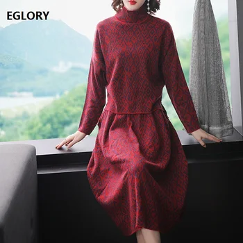 

Turtleneck Sweater Sets 2019 Autumn Winter Warm Knitwear Women Geometric Patterns Knitted Pullovers+Mid-Calf Length Knit Skirt