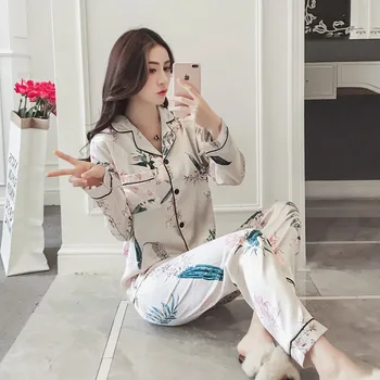 

Plus Size Silk Satin Print Pajama Sets for Women 2019 Autumn Long Sleeve Print Sleepwear Suit Homewear Pijama Mujer Home Clothes