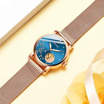 

New Fashion HAIQIN Automatic Mechanical Watch Women Fashion Steel Mesh Wristwatch Waterproof Skeleton Watch Ladies Montre femme