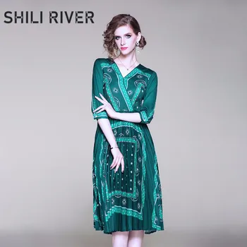 

New spring summer designer long dress for women half sleeve casual elegant cute floral print V neck pleated midi dresses blue