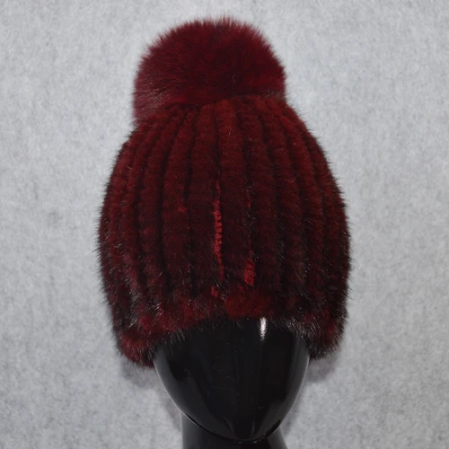 Ручная работа, зимние теплые женские вязаные шапки из натурального меха норки, шапки из натурального меха норки, шапки из натурального меха лисы - Цвет: wine red