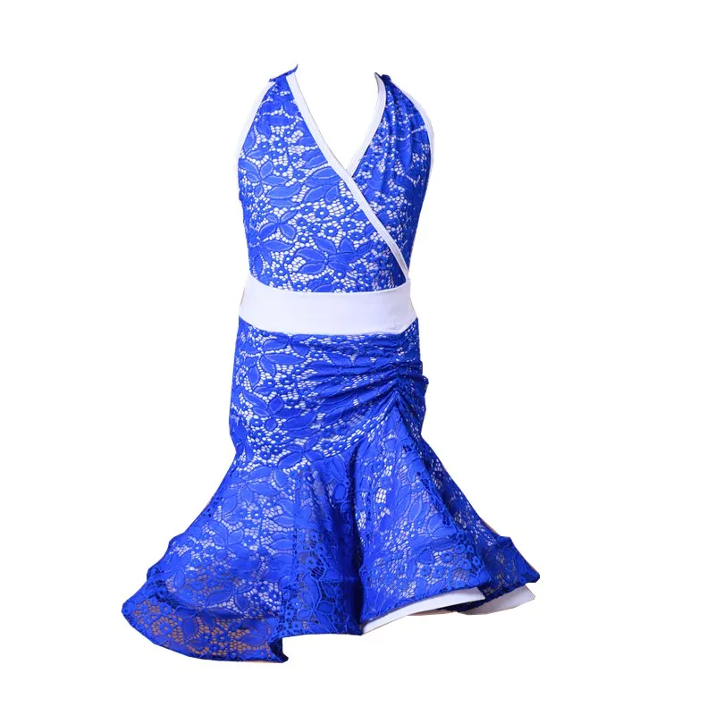 Blue and white Кружевная одежда для бальных танцев, латинских тренировок, современное платье для танцев, детская юбка для девочек, танцевальная одежда для сальсы, Танго, самбы, ча-ча - Цвет: Blue and white