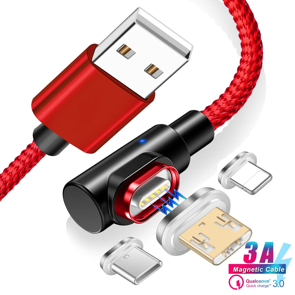 Magnetic USB Charging Cable Elbow 3.0A Fast Charge Cable For iPhone X XR Micro USB Type C Huawei Xiaomi Samsung Phone 1