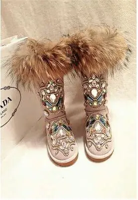 Женская обувь; женские ботинки; кожаные утепленные зимние ботинки на меху; коллекция года; зимние сапоги на меху из цельной кожи с лисьим мехом; хлопковая обувь; X95 - Цвет: Бежевый
