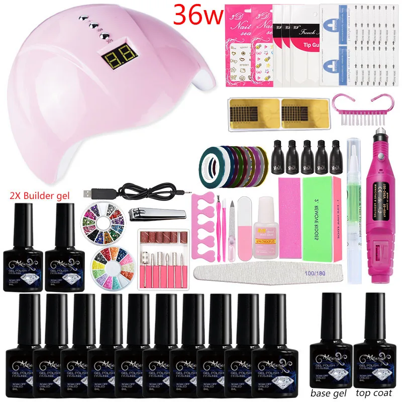 36w lamp 10 gel set2 Всё комплекты набор для маникюра для ногтей полигель для лака ExtensionAcrylic комплект 48/80w все ко всему Гель-лак набор Красота арт строитель инструменты стартовый Маникюрный набор маникюрный набор - Цвет: 36w lamp 10 gel set2