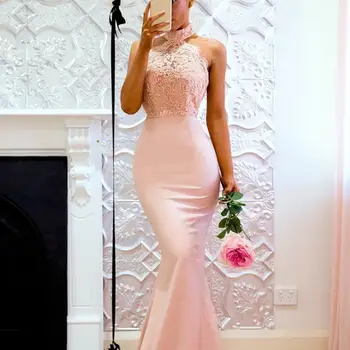 

Women Sexy Lace Patch-work High Neck Sleeveless Slim Fitness Bridal Party Gown Full Maxi Dress