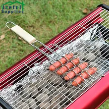 

Stainless Steel Wooden Handle Sausage Clip Barbecue Vegetable Clip Barbecue Accessories Bbq Tools Barbecue Swivel Skewer Utensil