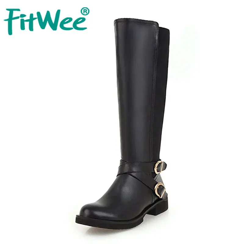 

FITWEE Plus Size 33-46 Women Knee Boots Fashion Zipper Buckle Winter Shoes Women Warm Fur Lady Basic Long Boot Footwear
