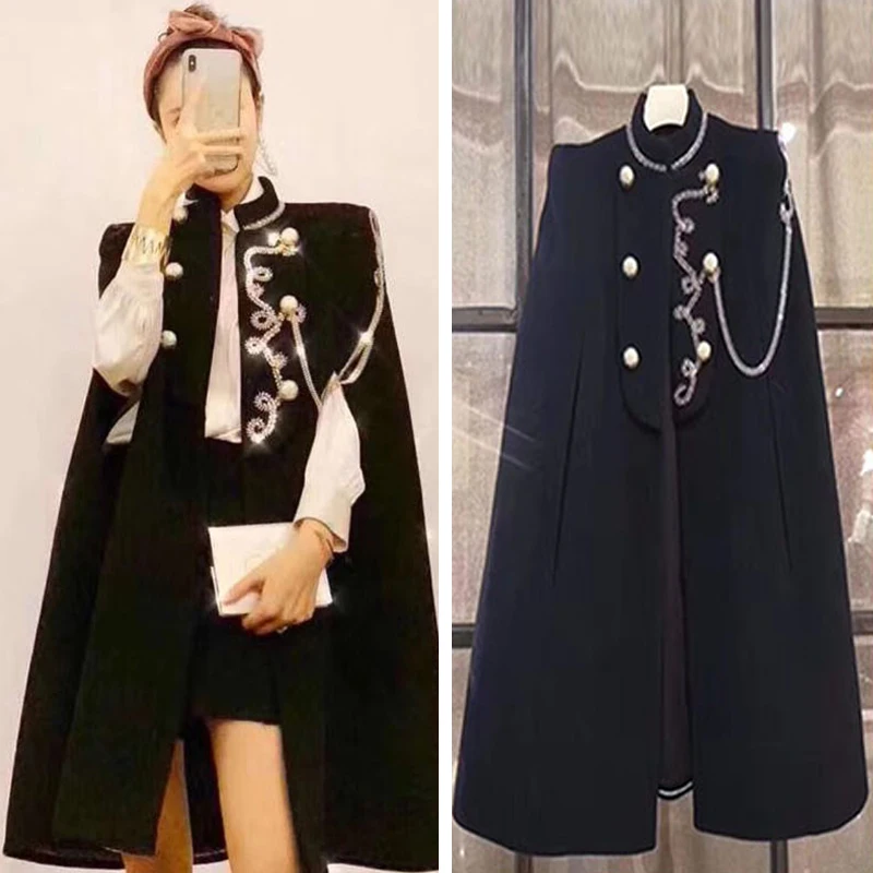 

Black Cape shawl stand collar woolen coat women long cloak autumn winter England court thick coat