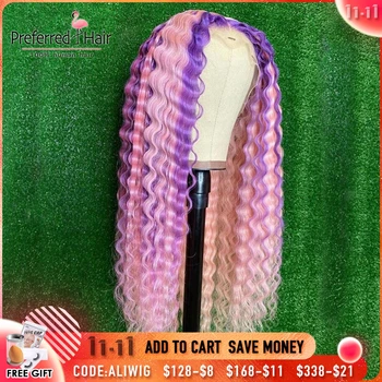 

Preferred Brazilian Remy Deep Wave Wig Blue Yellow Pink Purple Highlight Wig Transparent Lace Front Human Hair Wigs For Women