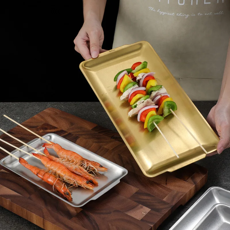 Stainless Steel Food Storage Tray Flat Bottom Shallow Trays Sushi BBQ Dish Fruit Vegetable Plate Kitchen Bread Baking Pan 5
