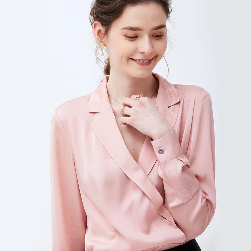 Blouse Women 2020 Spring pink white real Silk Satin v collor Long ...