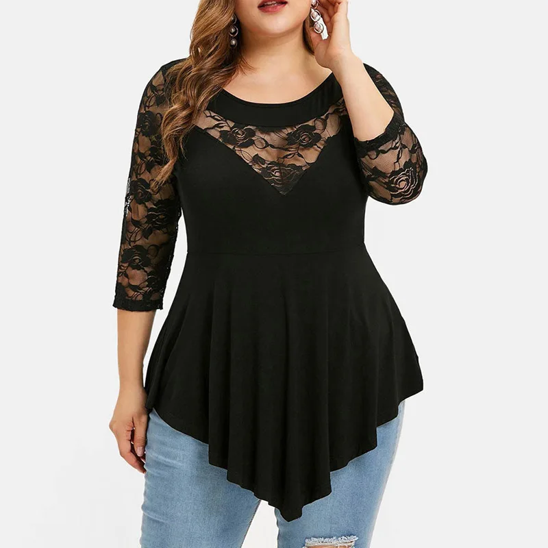 Black 5XL плюс размер блузка женская летняя кружевная открытая бюст три четверти рукав Сексуальная Блузка рубашка Женский жакет Нерегулярные Топы - Color: Black