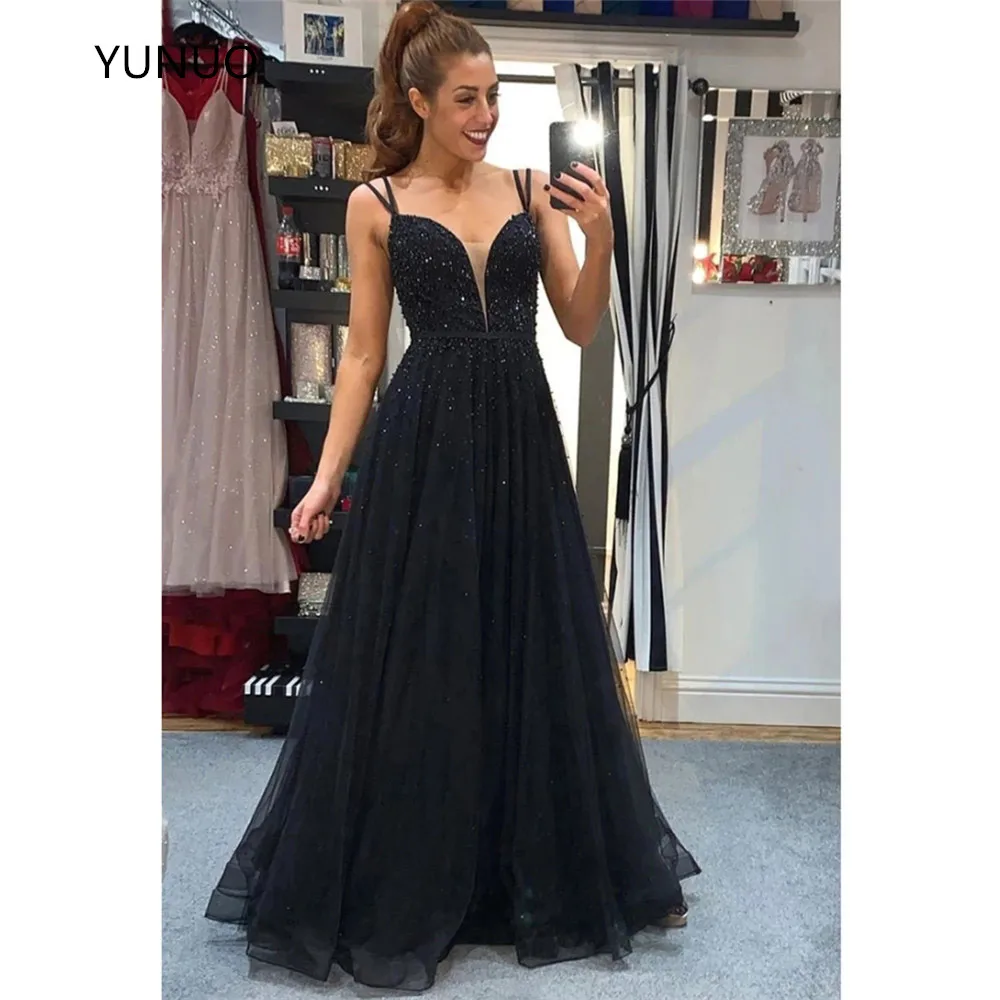 YUNUO Black Sleeveless Evening Dresses A-line V-neck Tulle Backless Formal Gown With Crystals robe de soiree Dress Party | Свадьбы и