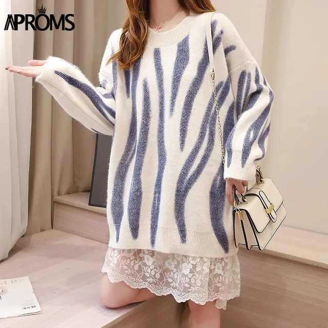 Aproms Elegant Green Striped Print Oversized Pullovers Women Winter O-Neck Loose Long Sweaters Streetwear Warm Outerwear 2021 New Navy