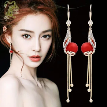 Elegant Temperamental Alloy Peacock Full Rhinestone Tassel Pendant Earrings Exquisite Super Fairy Red Simulated-pearl Earrings