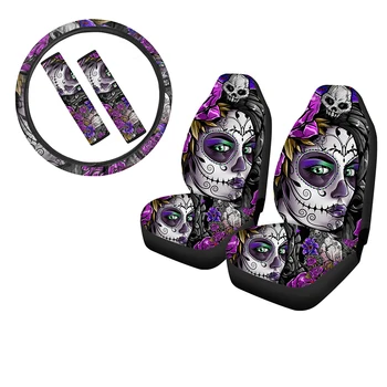 

INSTANTARTS Day of the Dead Sugar Skull Print 5pcs Soft Car Seat Covers Anti-Slip Steering Wheel Cover Car Seat Belt Covers