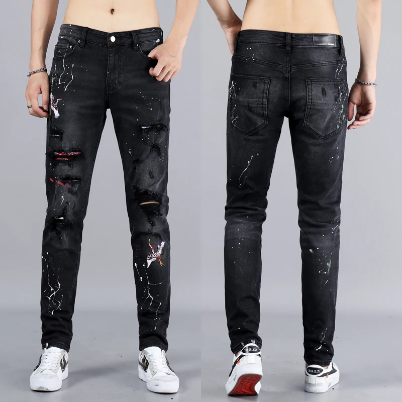 European American Fashion Men Jeans Top Quality Black Paint Ripped Streetwear Embroidery Hop Skinny Jeans Men - buy at the price of $40.41 in aliexpress.com |