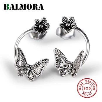 

BALMORA 925 real Sterling Silver Butterfly Stud Earrings For Women Girls Vintage Flower Earrings Ear Stud Brincos Jewelry Gift