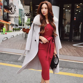 

Dabuwawa Wool Woolen Long Coat Women Real Fox Collar Autumn Winter Thick Jacket Outwear Office Ladies Slash D18DLN046