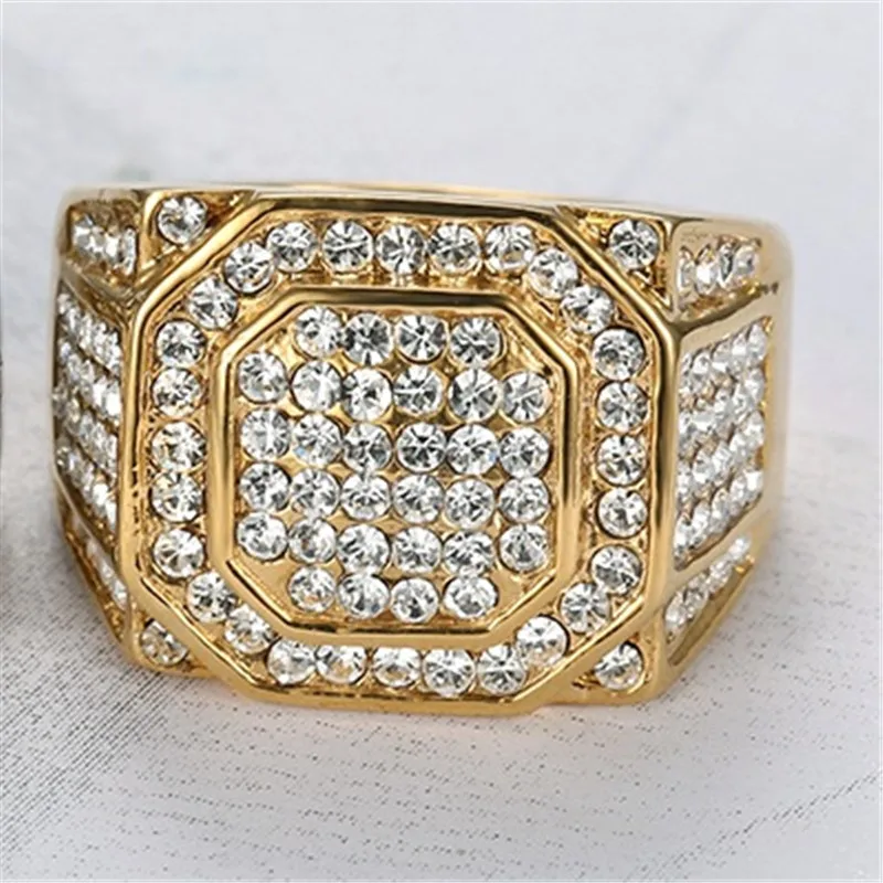 Серебряные стразы в стиле хип-хоп, размер США от 7 до 13, кольцо с большим квадратным кольцом, IP позолоченное кольцо из нержавеющей стали 316 для мужчин R016 - Цвет основного камня: Gold