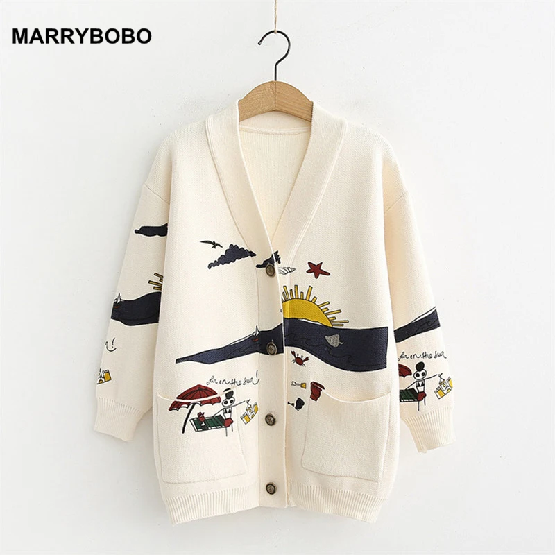 

Autumn Winter Women Sweater Casual Long Sleeve Cartoon Print Tops 2019 Japanese Mori Girl V-neck Jacquard Cardigan Sweater