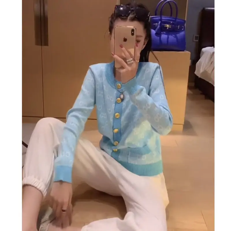 

2020 autumn knitted cardigan trend letter jacquard sweater long sleeve loose top tide