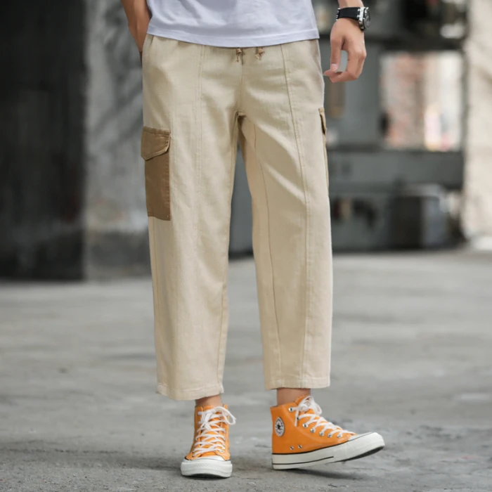 Мужские брюки карго с большими боковыми карманами; свободные брюки с завязками на талии; широкие брюки до щиколотки; мужские осенние модные брюки - Цвет: Хаки