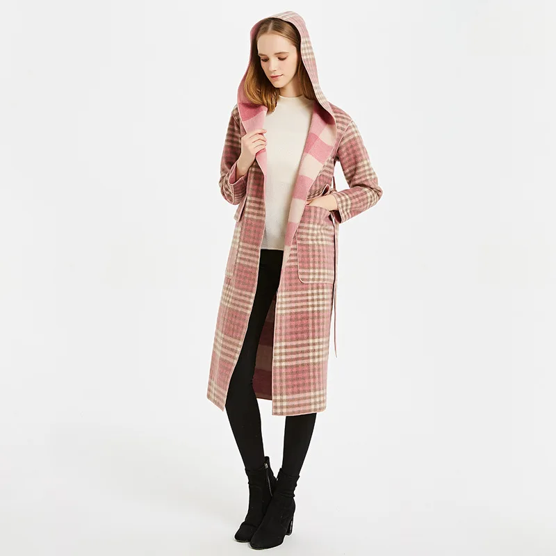 

2019 Autumn And Winter New Style Eerbaka Alpaca Fleece/Fiber Overcoat Wool Pink Plaid Hooded Double-Sided Duffle Coat Women's