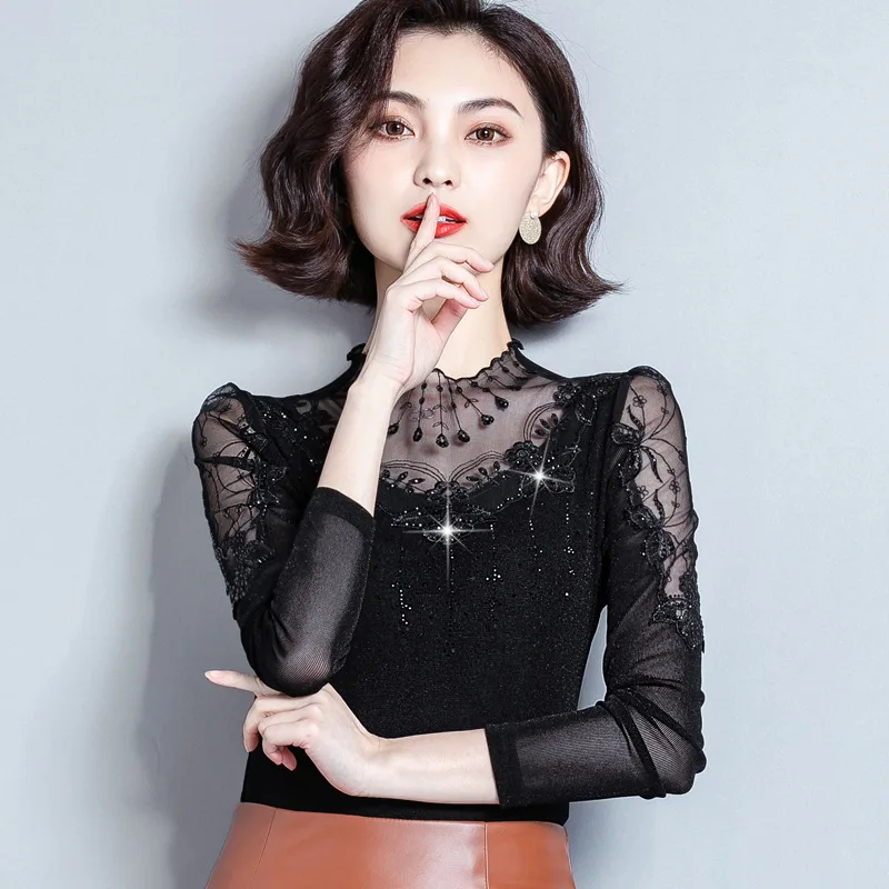

2019 Autumn And Winter New Style Gauze Lace Shirt Half-Turtle-Neck Brushed And Thick Base Shirt Long Sleeve Versatile Warm