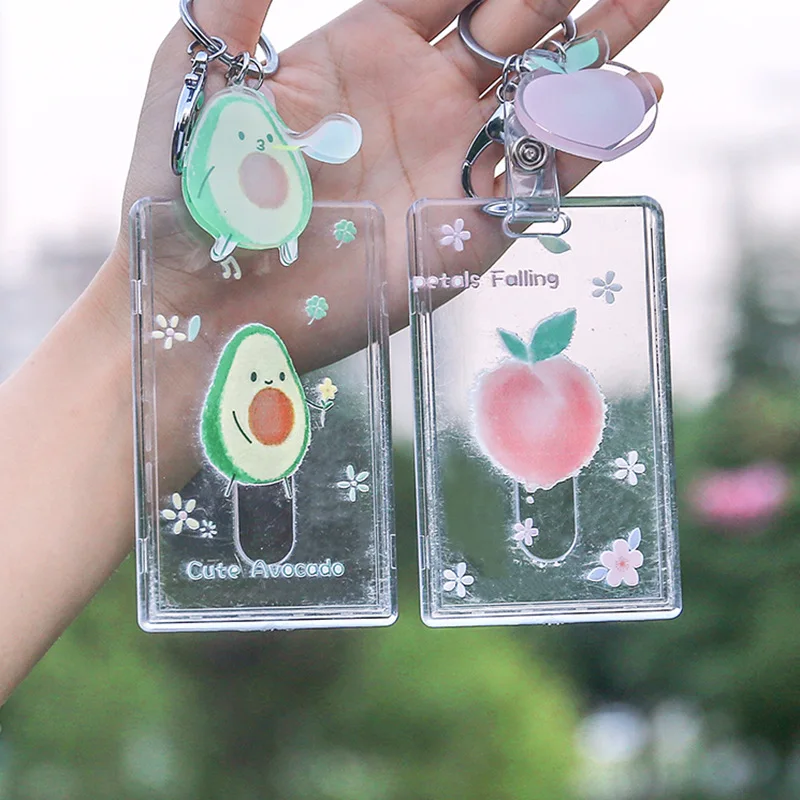 

Cute Avocado Transparent ID Card Holder Student Cartoon Keychain Card Protection Set PVC Acrylic Clear Business Card Case Female