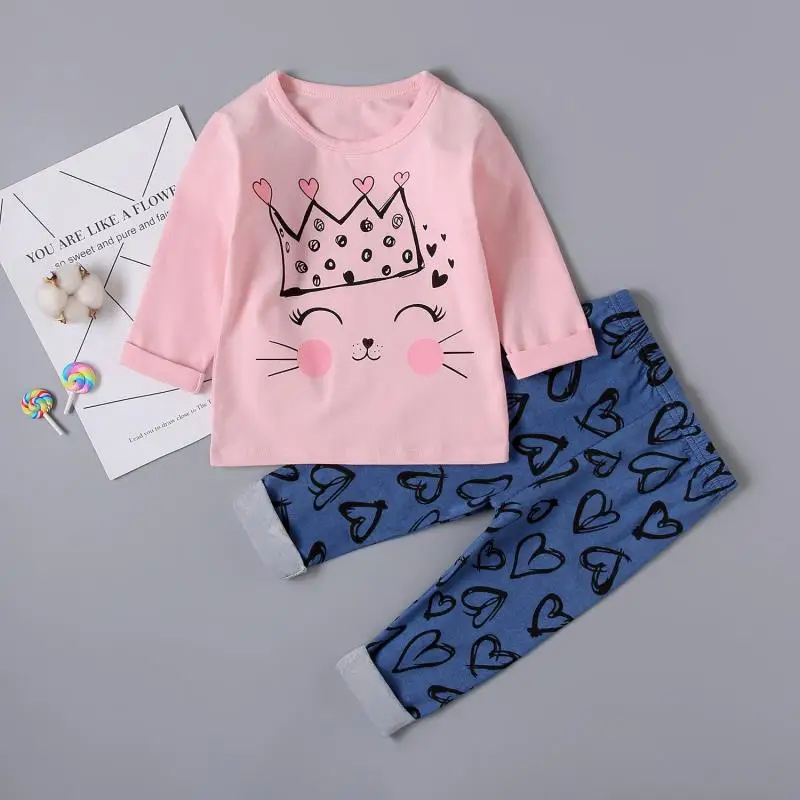 PJC167 crown cat Pyjama Enfant Fashion Pajamas Set Cartoon Baby Girl Clothes Autumn Boys Spiderman Dinosaur Snow white pyjama meisje sleepwear - Цвет: PJC167 crown cat