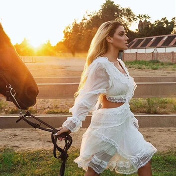 

Retro White Sexy Mini Dress 2019 Summer Deep V Neck Petal Sleeve Bandage Backless Vestidos Boho Beach Casual Short Women Dresses