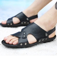 Мужские шлепанцы г. Новое поступление, летняя кожаная мужская пляжная обувь модные Нескользящие мужские шлепанцы с металлической пряжкой, большие размеры 47 48