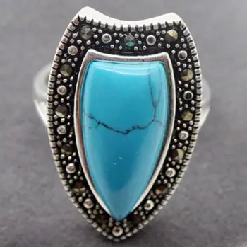 

Fashion jewelry NEW 26X14MM Blue Turquoise Marcasite 925 STERLING SILVER RING Size US 7 8 9 10