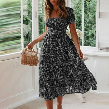 

Elegant Square Collar Ruffles Women Dress Short Sleeve Elastic Waist Female Chiffon Dress 2020 Summer Dress Midi Vestidos#J30