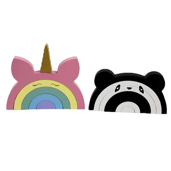 

Rainbow Blocks Wooden Rainbow Unicorn Building Blocks Panda Wood Home Decoration Toys Children Educational Toys Gift for Kids